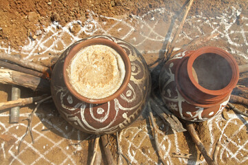 Rice and lentils cooked in a pot on the ocassion of pongal