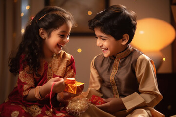 A sister tying the raksha bandhan to her brother on Raksha Bandhan event