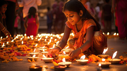 Girl lighting diwali diyas